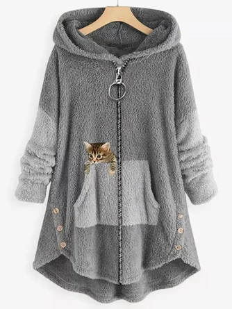Women Color Block Furry Fleece Fabric Cat Zipper Hooded Coat 4 Women Color Block Furry Fleece Fabric Cat Zipper Hooded Coat - Image 2