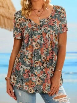 Holiday Gradient Flower Half Open Button Loose Pleated Top T-Blouse Plus Size Tunic -Shinee Style Shop 06d6fb82d701d3391262d26d2dd04c0b