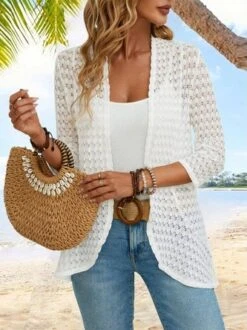 Women's 3/4 Sleeve Plain Jacquard Vacation Loose Cardigan / Kimono -Shinee Style Shop 07137af88c7559ad96849f3dfa7d384a