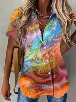 Shawl Collar Ombre Buttoned Casual Blouse