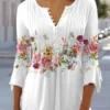 Women's Ethnic Casual V-neck A-Line Tops Long Sleeve Henry Collar Red Rose Print Tunic Daily Hot List