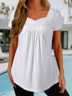 JFN V Neck Lace Basic Casual Ruched Tunic Tops