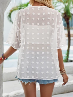 Women's Shawl Collar Eyelet Casual Loose Plain Buttoned Cardigan/Kimono -Shinee Style Shop 0e74be56b12a9a1f47bdec1a7a47f070