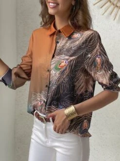 Casual Shirt Collar Feather Pattern Blouse -Shinee Style Shop 0f7d32cd08df5e94e3464626df969777