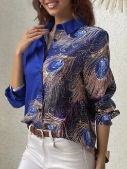 Casual Shirt Collar Feather Pattern Blouse -Shinee Style Shop 1329732dbbb73b0cbe38d44c47901da8