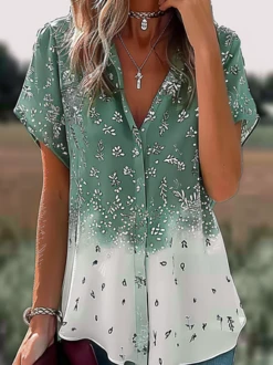 Women's Short Sleeve Shirt Summer Floral Printing V Neck Daily Going Out Casual Top Green