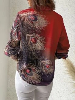 Casual Shirt Collar Feather Pattern Blouse -Shinee Style Shop 20ab2a5430ac0f4175295f80c7eb190e