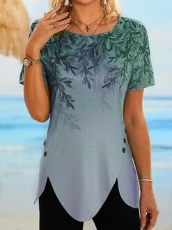 JFN Women Round Neck Short Sleeve Leaf Print Buttoned Holiday Tunic T-Shirt -Shinee Style Shop 21f3adac9f6df094e47170a8e903095e