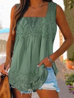 Casual Plain V Neck Lace Tank Top