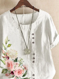 JFN Cotton Loose Crew Neck Floral Boho Blouse -Shinee Style Shop 24192823a64a7cf8de660955cade4895