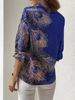 Casual Shirt Collar Feather Pattern Blouse -Shinee Style Shop 256b7b6341670434ecae5b3798948b9d