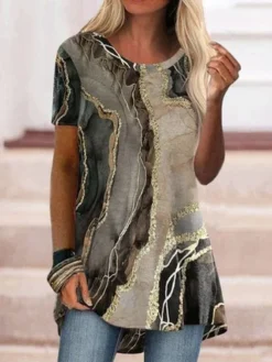 JFN Round Neck Marbling Casual Tunic T-Shirt