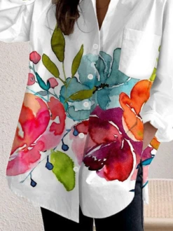 Women's Long Sleeve Shirt Spring/Fall Floral Shirt Collar Daily Going Out Casual Top White -Shinee Style Shop 378db4b74be1387caefd9ad938a3fd0e