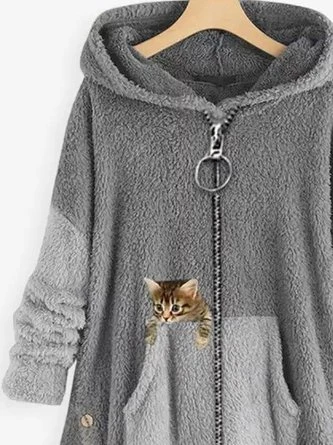 Women Color Block Furry Fleece Fabric Cat Zipper Hooded Coat 6 Women Color Block Furry Fleece Fabric Cat Zipper Hooded Coat - Image 4