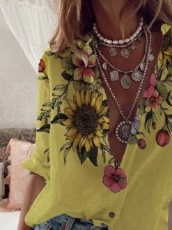 Sun Flower Print Shirt Long Sleeve Loose Holiday Shirts -Shinee Style Shop 43314347d46fc06d569da43a46ef215f