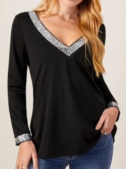 Sequins Casual V Neck Black Top -Shinee Style Shop 4dc8420bed7ac32ce3a3146c6a62ba06