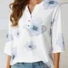 V Neck Half Sleeve Casual Floral Long Sleeve Top