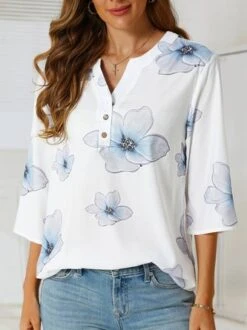 V Neck Half Sleeve Casual Floral Long Sleeve Top