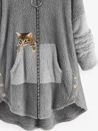 Women Color Block Furry Fleece Fabric Cat Zipper Hooded Coat 5 Women Color Block Furry Fleece Fabric Cat Zipper Hooded Coat - Image 3