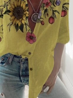 Sun Flower Print Shirt Long Sleeve Loose Holiday Shirts -Shinee Style Shop 54ae5369fee72ad82e9f8cfb3a2261c2