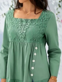 JFN Cotton Ethnic Casual Square Neck Lace Tops Long Sleeve U Neck Tunic -Shinee Style Shop 55270c4eff06de208be8b060ea87b30f