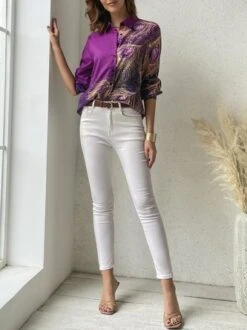 Casual Shirt Collar Feather Pattern Blouse -Shinee Style Shop 5c0cfa2d613d352bd3f19d1b97727cdb