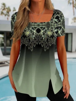Jersey Square Neck Boho Loose Blouse