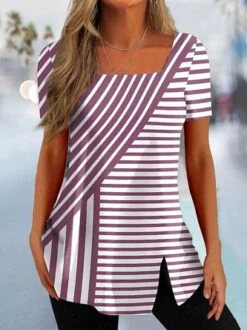 Striped Casual Square Neck Loose T-Shirt -Shinee Style Shop 68d216cf10f74bfdc1359d925d49731a