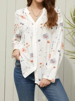 V Neck Casual Loose Buttoned Blouse -Shinee Style Shop 6e038d1f52acbbe9b89dbe9c0502a00c