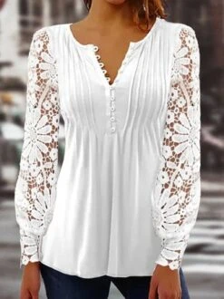 Plain Casual Patchwork Lace Notched Tunic Top