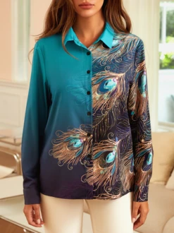 Casual Shirt Collar Feather Pattern Blouse -Shinee Style Shop 6e6614c013d35da56b89f8784c807d97