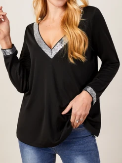 Sequins Casual V Neck Black Top -Shinee Style Shop 6f314e734c8c47de8dcb0913d82d4cb0
