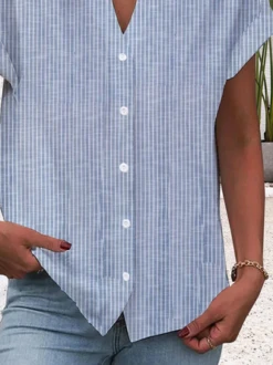 Women's Short Sleeve Shirt Summer Striped Cotton V Neck Daily Going Out Casual Top Blue -Shinee Style Shop 75d18bc9f489b1f0b984e20ae5396b14