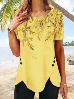 JFN Women Round Neck Short Sleeve Leaf Print Buttoned Holiday Tunic T-Shirt -Shinee Style Shop 7614ea0612997737c80989cc77354901
