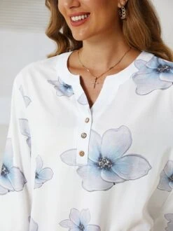 V Neck Half Sleeve Casual Floral Long Sleeve Top -Shinee Style Shop 7b5c319485ad59b0c2eb2e6956c783dd