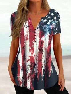 Casual V Neck America Flag Blouse