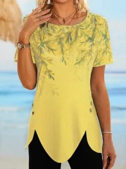 JFN Women Round Neck Short Sleeve Leaf Print Buttoned Holiday Tunic T-Shirt -Shinee Style Shop 7f69d10fb1883a9e0e8dc178ed8df36d