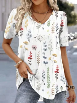 V Neck Casual Loose Floral Blouse