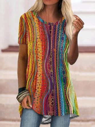 JFN Round Neck Colorful StripesCasual Tunic Tops 3 JFN Round Neck Colorful StripesCasual Tunic Tops