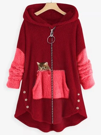 Women Color Block Furry Fleece Fabric Cat Zipper Hooded Coat 9 Women Color Block Furry Fleece Fabric Cat Zipper Hooded Coat - Image 7