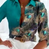 Casual Shirt Collar Feather Pattern Blouse