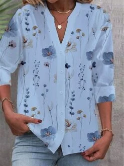 V Neck Casual Loose Buttoned Blouse -Shinee Style Shop 8d6b1d038b5688f04852102dbc70e00a