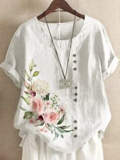 JFN Cotton Loose Crew Neck Floral Boho Blouse