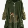 Women Color Block Furry Fleece Fabric Cat Zipper Hooded Coat
