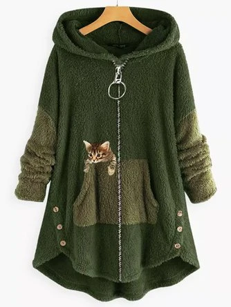 Women Color Block Furry Fleece Fabric Cat Zipper Hooded Coat 3 Women Color Block Furry Fleece Fabric Cat Zipper Hooded Coat