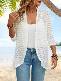 Women's 3/4 Sleeve Plain Jacquard Vacation Loose Cardigan / Kimono -Shinee Style Shop 9023231fac70460a8976d66752b2a3b9