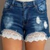 Blue And White Lace Cuffs Distressed Denim Shorts Plain Loosen Denim Shorts -Shinee Style Shop 90770e0a77e7c69eeb1634f474255145