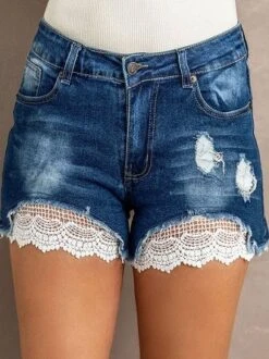 Shinee Style Shop 31 Blue And White Lace Cuffs Distressed Denim Shorts Plain Loosen Denim Shorts