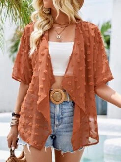 Women's Shawl Collar Eyelet Casual Loose Plain Buttoned Cardigan/Kimono