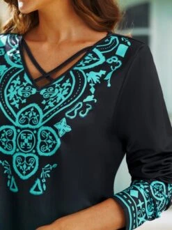 JFN V Neck Ombre Ethnic Loose Long Sleeve Top -Shinee Style Shop 924aef271f7db56f553ff9b88c9bf945